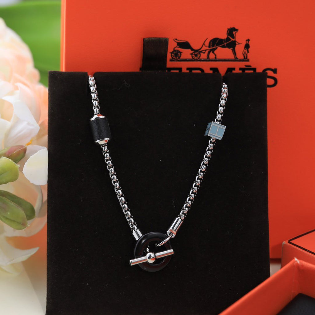 Hermes HM Black Circle Silver Necklace