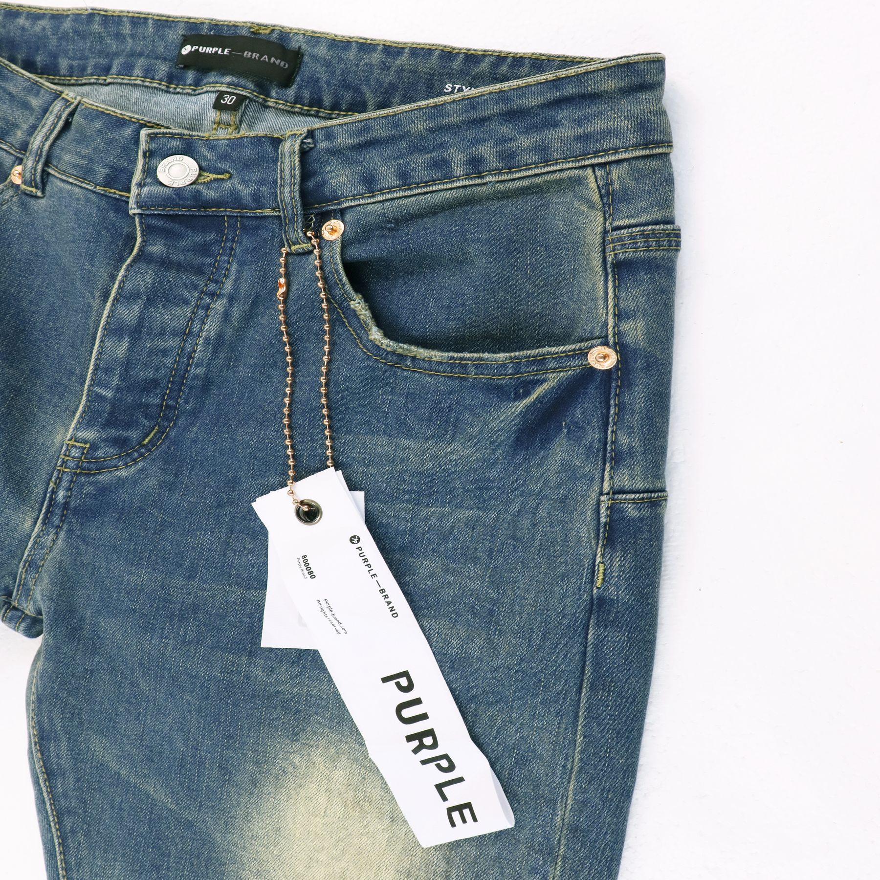 Purple Brand Blue Distressed Paint Splatter Jeans — detail