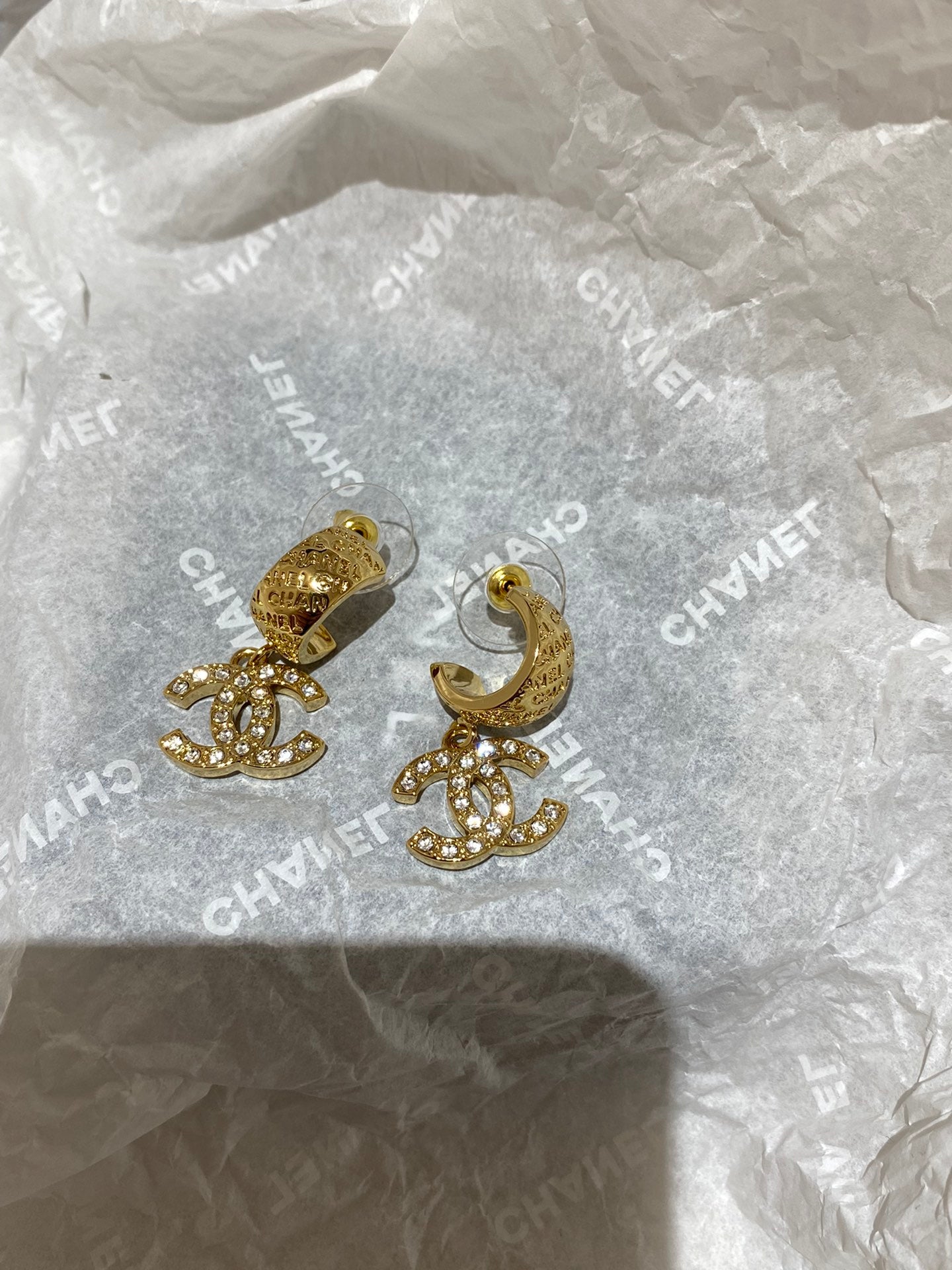 Chanel Letter Hook Gold Diamond Earrings