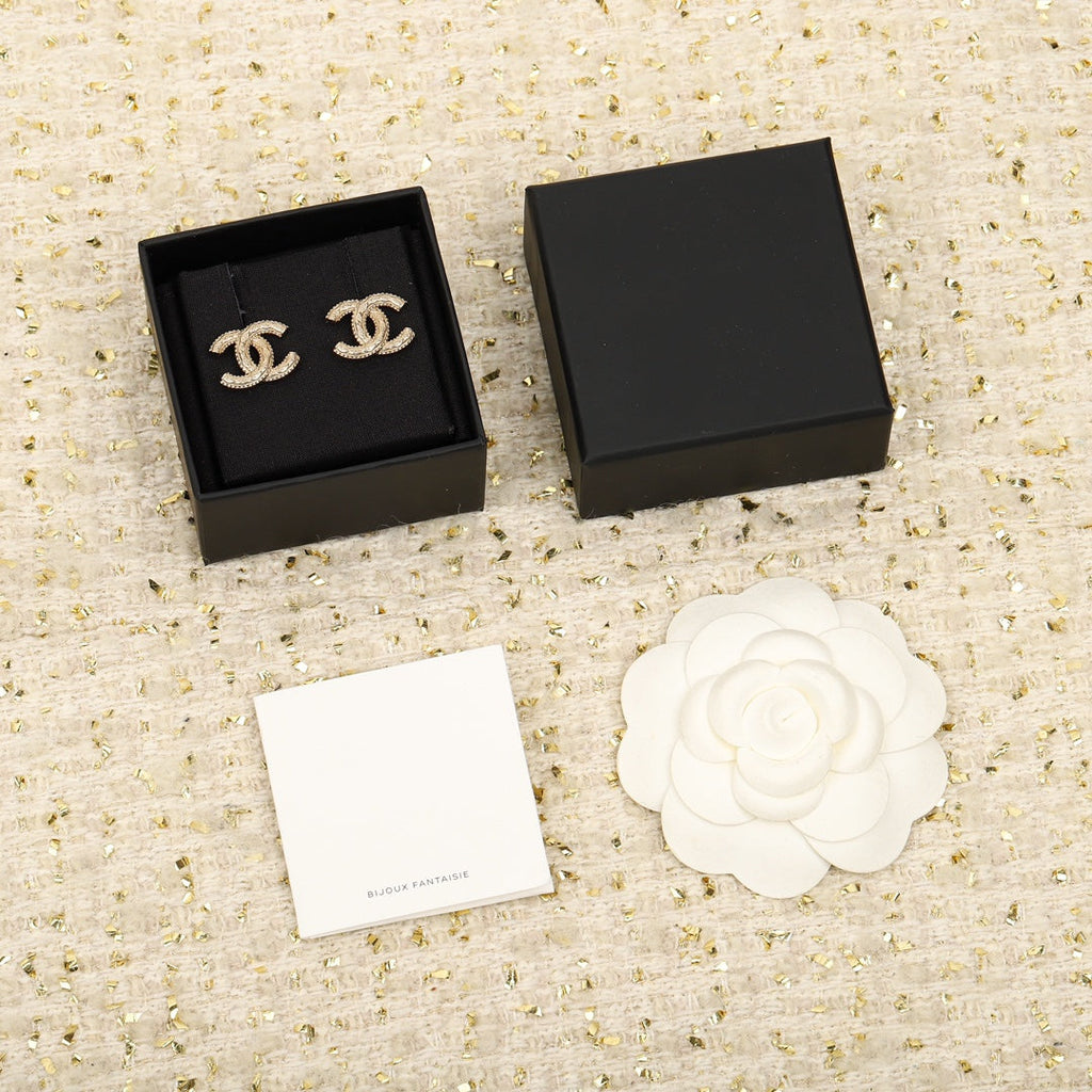 Chanel Double C Logo Gold Stud Earrings